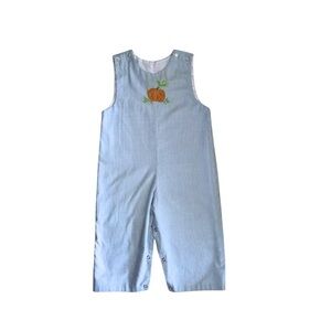 Blue and White Gingham Kids Overalls Romper with Pumpkin Embroidery